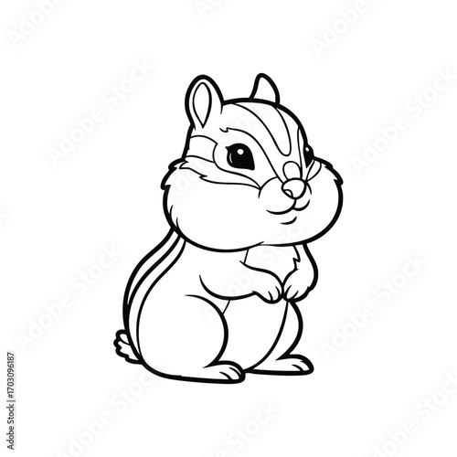 Cute cartoon chipmunk standing upright with big eyes and fluffy cheeks in a simple black and white line art style