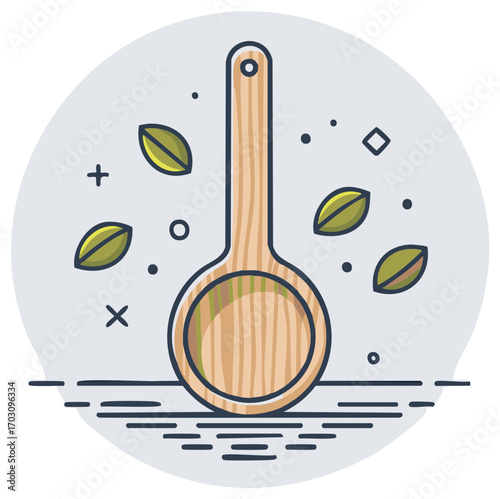 Wooden cooking spoon with falling leaves and decorative elements