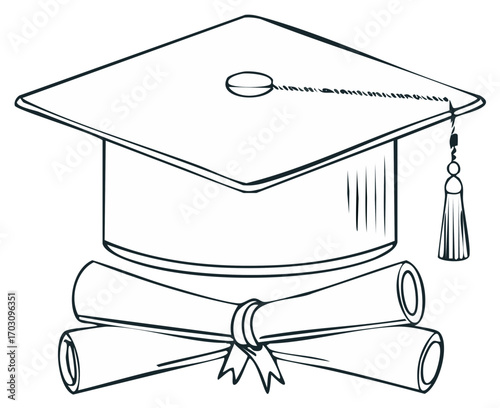 Graduation cap with tassel and crossed diploma scrolls line art illustration