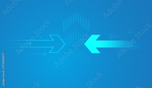Two bold arrows pointing in opposite directions: one moving right, the other left. The contrast symbolizes divergence in decision-making, competition, or opposing strategies