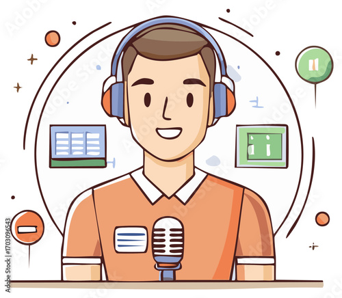 Man with Headset Recording a Podcast Broadcasting Live with Microphone