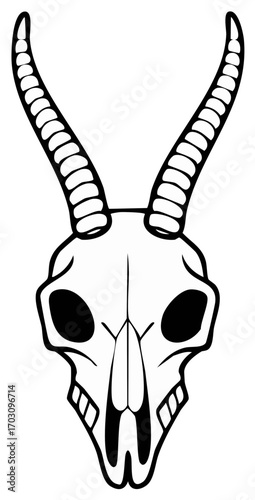 Stylized animal skull with horns black and white line art vector graphic