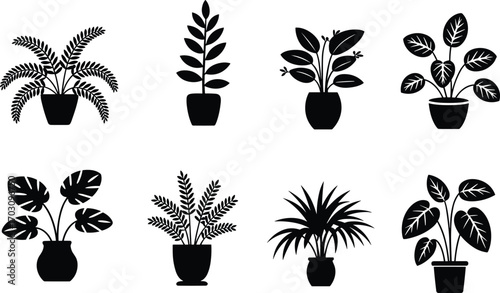 Black potted plant silhouettes, indoor houseplants vector icons, botanical designs, minimal plant illustrations, decorative greenery, nature symbols, plant vector art, leaf icons.