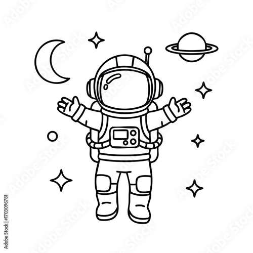 Black and white line drawing of an astronaut floating in space surrounded by stars, moon, and a planet with rings