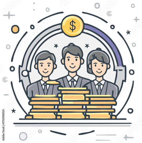 Smiling business team celebrating financial success and wealth accumulation with growing money stacks