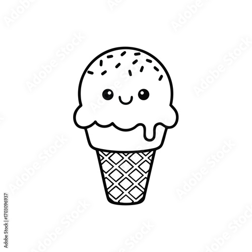 Cute smiling ice cream cone with sprinkles and waffle cone outline in simple black and white line art style