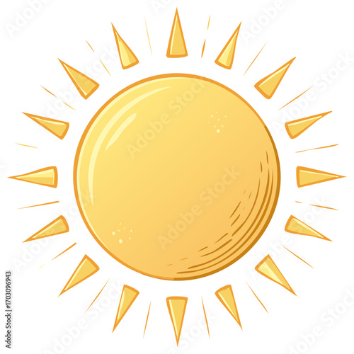 Stylized yellow sun with triangular rays shining bright on a clear day