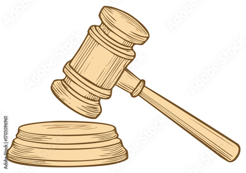 Illustration of a wooden gavel, symbol of law, justice, and judicial process.