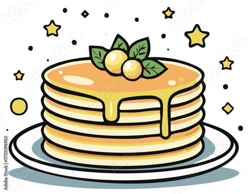 Cute cartoon illustration of a stack of pancakes with dripping syrup and berries