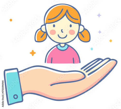 Offering care to a smiling girl in hand, safety protection and support illustration