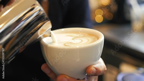close-up of a barista's hands making cappuccino