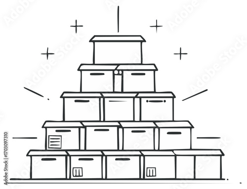 Doodle style stacked cardboard boxes forming a pyramid shape with radiating lines and crosses