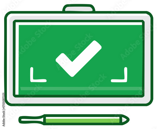 Colorful illustration of a green task board displaying a white checkmark icon, accompanied by a marker pen for completion.
