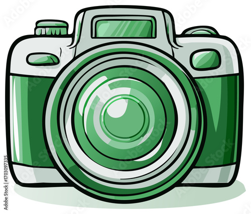 Close-up of a retro-style cartoon camera icon in green shades with a prominent lens and detailed design elements