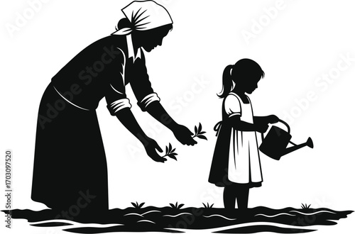 Silhouette of a mother and daughter gardening together a symbol of family love and care