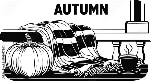 Autumn still life with pumpkin, blanket, and a cup of hot coffee cozy fall season concept