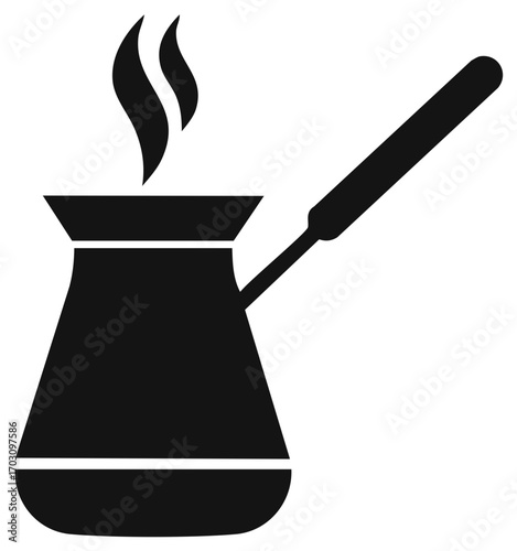 Hot Coffee Preparation Minimalist Black Silhouette Cezve with Steam, Aromatic Drink Process Still Life