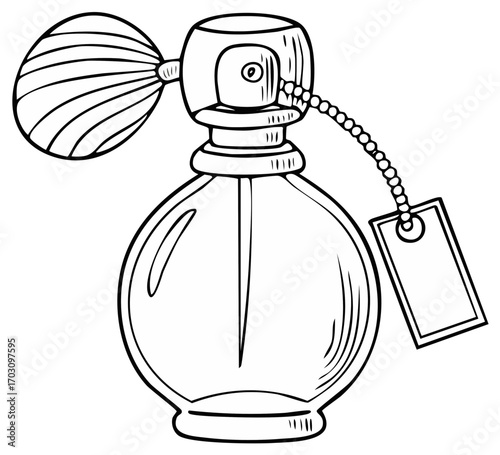 Vintage perfume bottle with atomizer and blank label, elegant line art drawing