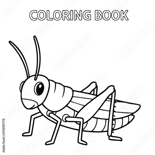 Black and white line art illustration of a grasshopper for a children's coloring book with simple bold outlines