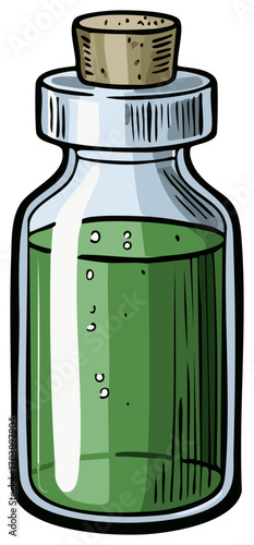Hand-drawn cartoon illustration of a glass vial with a cork stopper and bubbling green liquid potion or poison