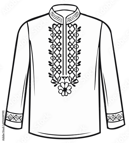 Stylized Kurta Illustration with Intricate Embroidered Neckline and Cuffs. Traditional Asian Shirt Design