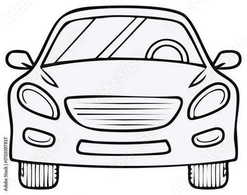 Clean black and white line art illustration of a generic modern car front view