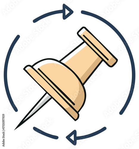 Pushpin stationery item with circular arrows representing rotation update or repeat