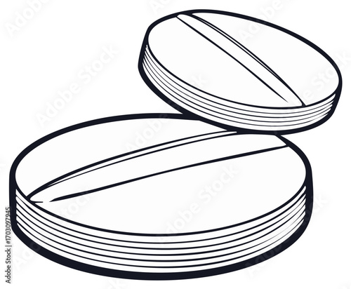 Two stylized pills in black and white with a split line down the center
