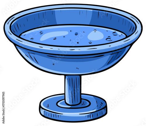A cartoon style blue chalice on a pedestal filled with clear bubbling liquid