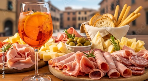 Traditional Italian Aperitivo with Aperol Spritz and a platter of cured meats and cheeses.
