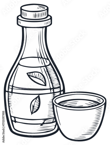 Hand-drawn bottle of herbal drink with a matching cup illustration