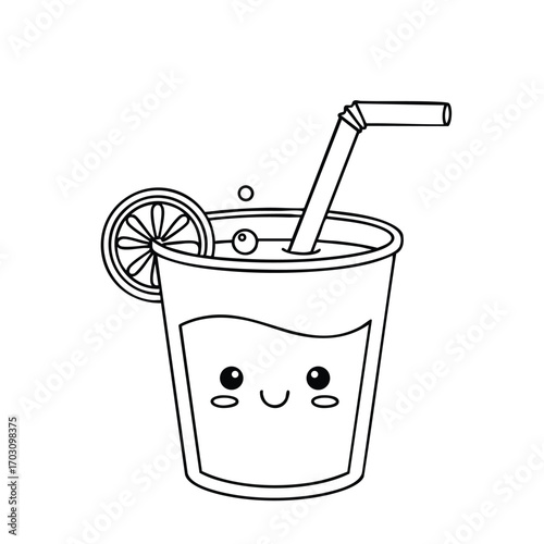 Cute cartoon glass of juice with a smiling face, straw, and a lemon slice on the rim in black and white line art