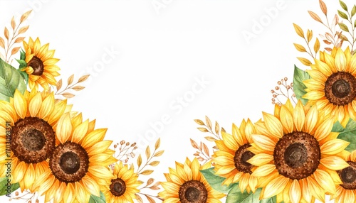 Vibrant Yellow Sunflowers Watercolor Floral Frame with Green Leaves on a White Background
