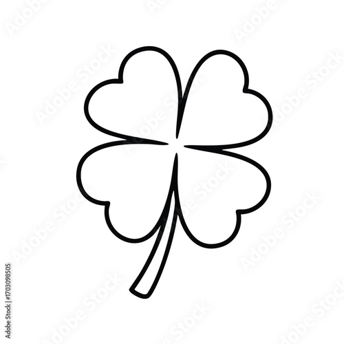 Simple black outline illustration of a four-leaf clover with heart-shaped leaves and a short stem on white background