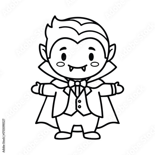 Cute cartoon vampire character with cape and fangs in a welcoming pose with open arms and smiling face