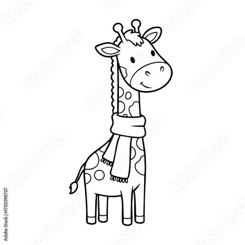 Cute cartoon giraffe wearing a cozy scarf with a friendly smile and simple black and white line art style