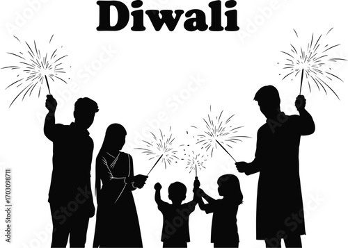 Silhouette of a family celebrating diwali with sparklers they are holding sparklers and smiling
