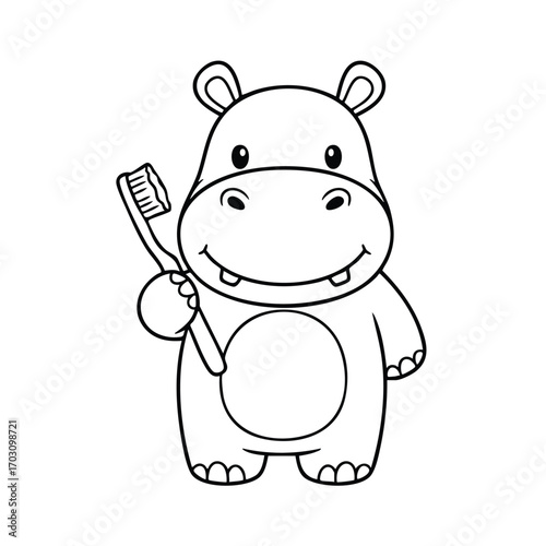 Cute cartoon hippopotamus holding a toothbrush with a big smile in a simple black and white line drawing style