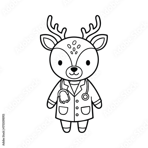 Cute cartoon deer character dressed as a doctor with a stethoscope and medical coat in black and white line art