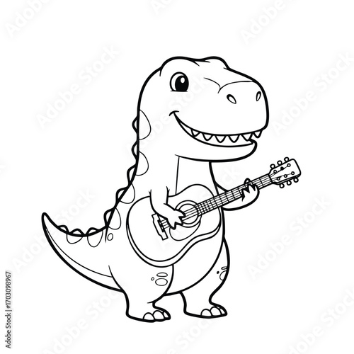 Cute cartoon dinosaur happily playing an acoustic guitar with a joyful expression in a black and white line art style