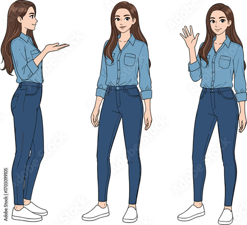Young woman in casual blue shirt and jeans in three poses: side view presenting, front view, and waving hand, cartoon.