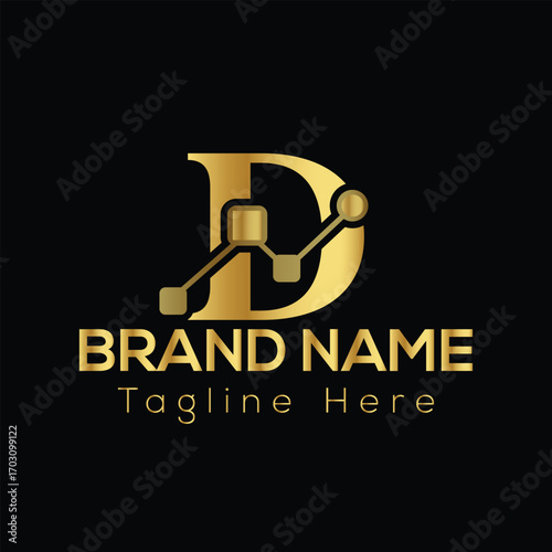 Golden letter D logo with connecting nodes and lines on black background metallic golden logo