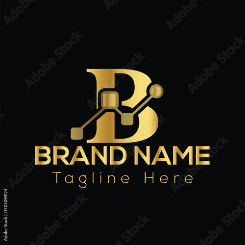 Golden letter B logo with network lines and text placeholders for brand name and tagline metallic