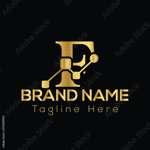 Golden letter F logo with network connections and text B R A N D N A M E Tagline Here metallic