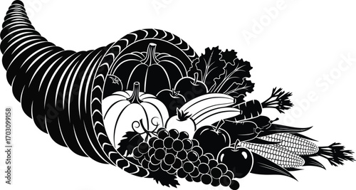 Monochrome illustration of a cornucopia overflowing with various fruits and vegetables, a symbol of abundance