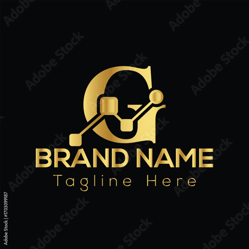 Golden letter G logo with network nodes and lines and text placeholders for brand name and tagline