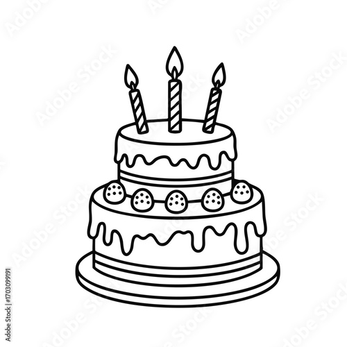 Black and white line drawing of a two-tier birthday cake with three lit candles and decorative frosting on a plate