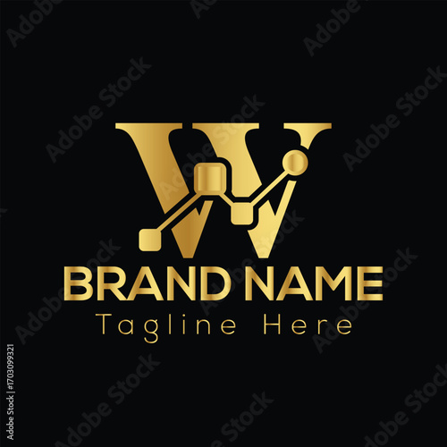Golden letter W logo with connecting nodes and lines on black background golden W logo design