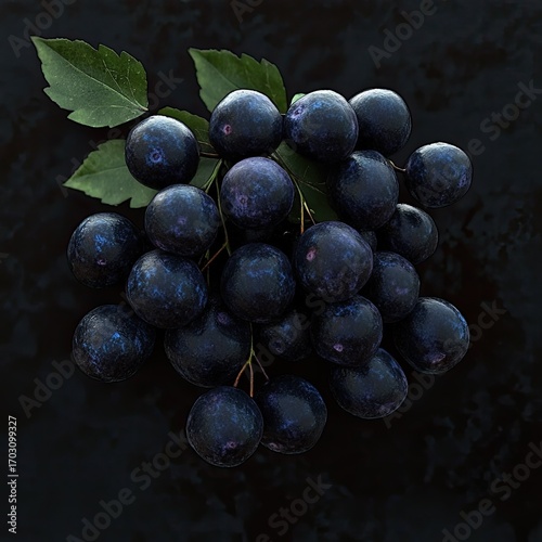 A close up shot of a cluster of dark purple berries with green leaves against a dark background surface