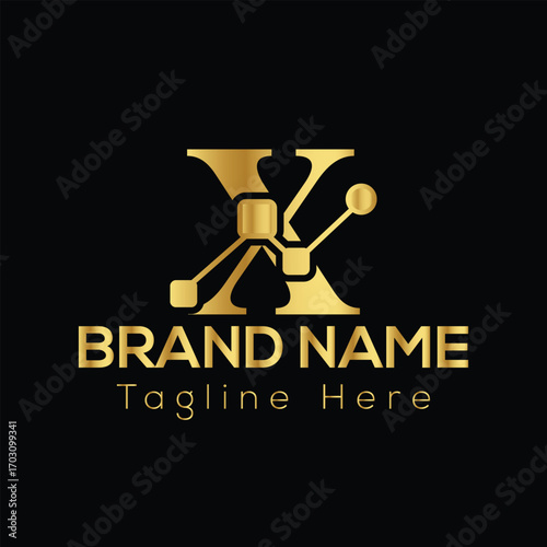 Golden letter X logo with network connections and text placeholders for brand name and tagline